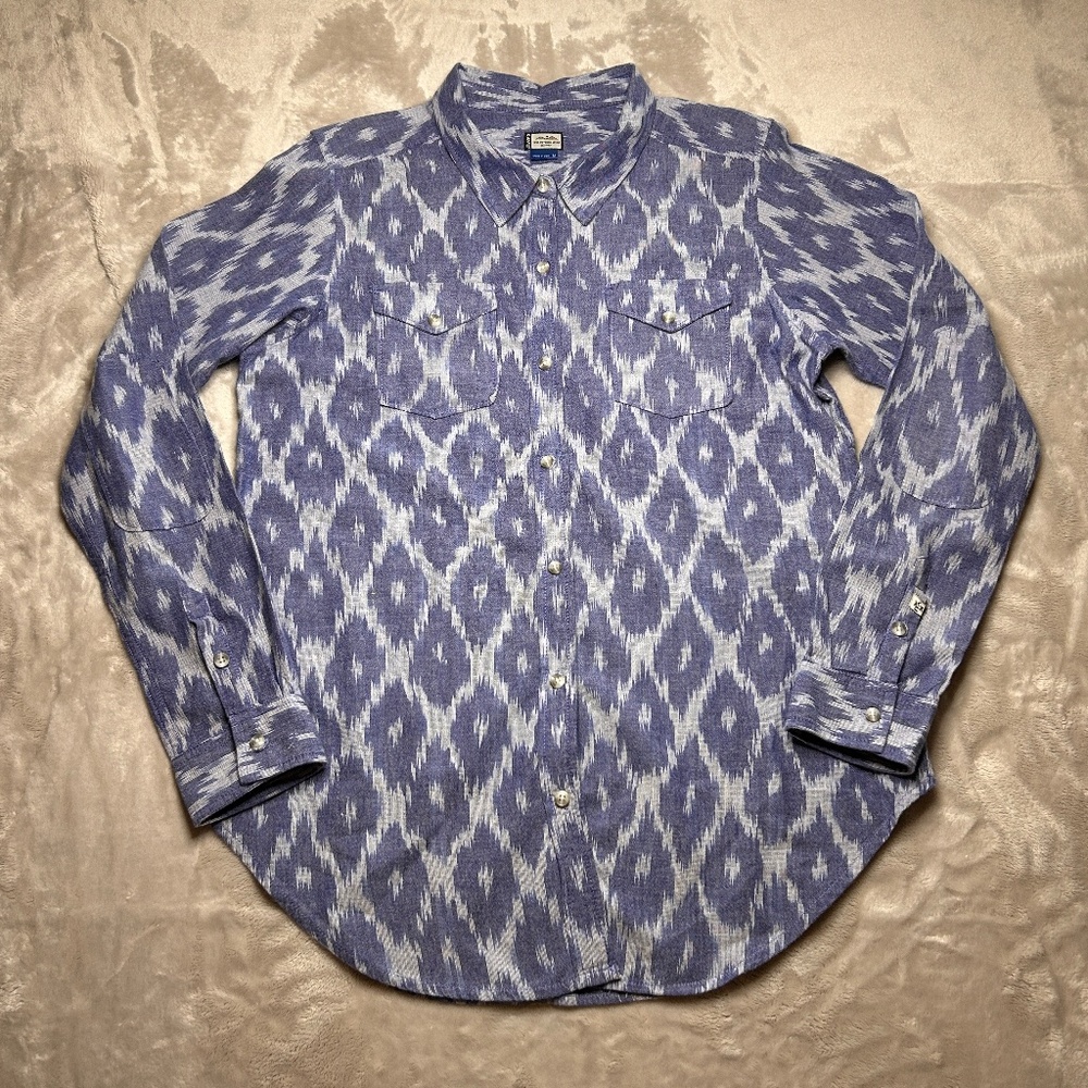 Kavu Mens M Aztec Button Up Shirt Long Sleeve Elbow Patch Blue Outdoor Casual